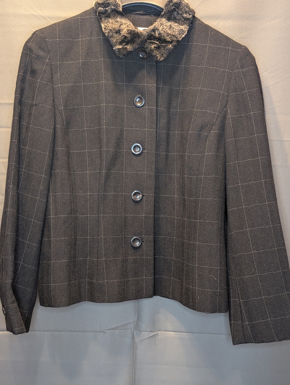 Vintage Akris Punto Black Windowpane Blazer with Removable Faux Fur Collar